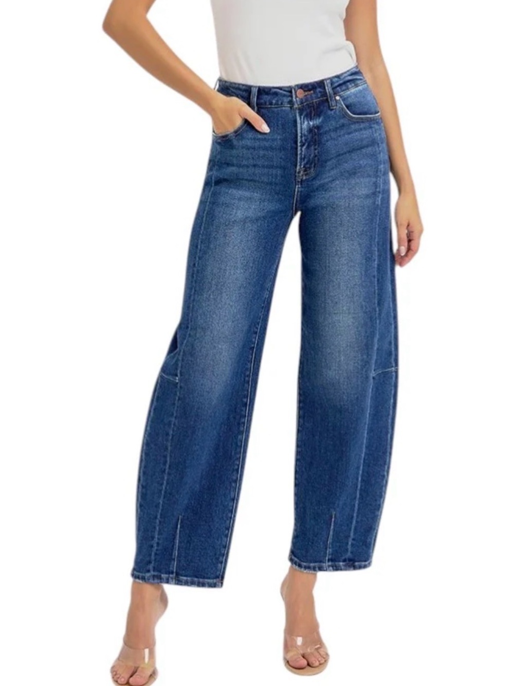 Risen Jeans High rise crop barrel cuffed jeans
- Blue